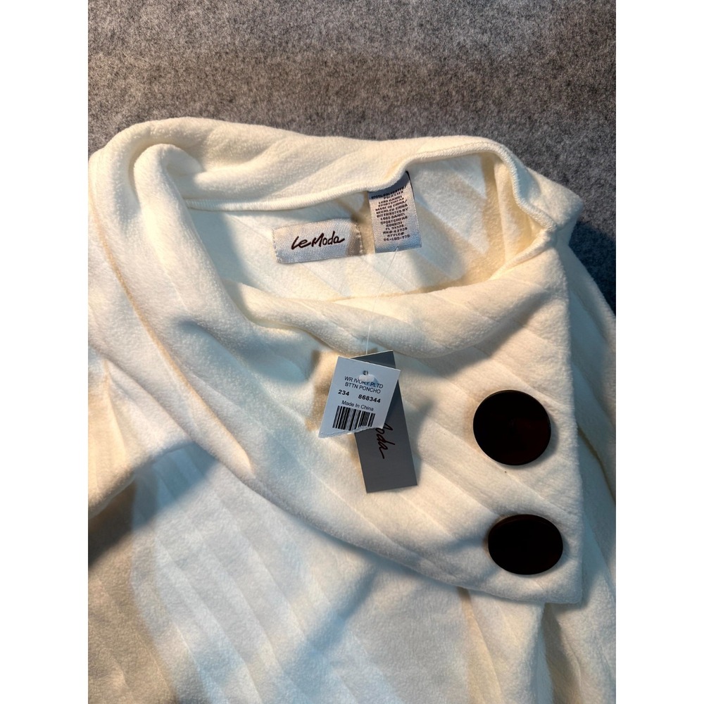Le Moda Poncho Sweater Womens Ivory Fleece Striped Shawl Collar Warmth Winter